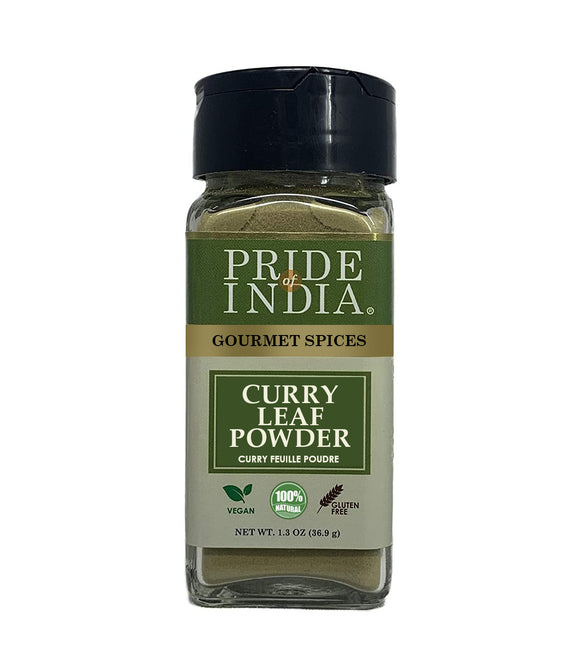 Pride of India – Curry Leaf Ground – Fresh Aroma/Distinct taste – No GMO/ No Artificial Color – Traditional Indian Spice – Easy to Use – 1.3 oz. Small Dual Sifter Bottle