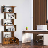 6-Tier S-Shaped Freestanding Bookshelf with Cabinet and Doors