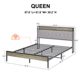 Bed frame with charging station full size,Grey, 87.8'' L x 61.8'' W x 39.2'' H.