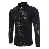 Mens Casual Shirts Gold Rose Printed Slim Fit Long Sleeve Dress Shirts/Prom Performing Shirts