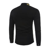 Mens Dress Shirts Gold Embroidery Mandarin Collar Slim Fit Long Sleeve Casual Dress Shirts