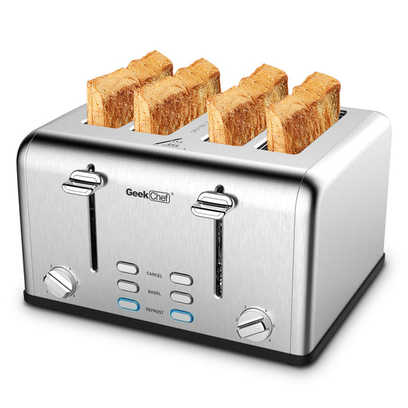 Toaster 4 Slice, Stainless Steel Extra-Wide Slot Toaster with Dual Control Panels of Bagel/Defrost/Cancel Function, 6 Toasting Bread Shade Settings, Removable Crumb Trays, Auto Pop-Up