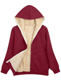 Fuzzy Hooded Jacket, Casual Zip Up Drawstring Long Sleeve Solid Outerwear, Women's Clothing