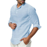 Mens Linen Cotton Henley Shirt Casual Long Sleeve Tops