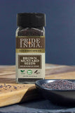 Pride of India – Brown Mustard Seed Whole – Gourmet Indian Spice – Hot & Spicy Flavor – Ideal seasoning for sauces/dips/spice blends – Easy to Use – 3 oz. Small Dual Sifter Bottle