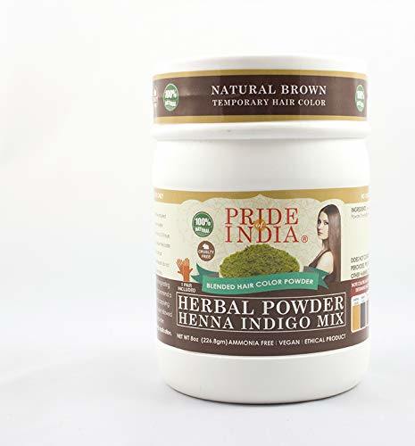 Pride Of India - Herbal Henna & Indigo Mix Hair Color Powder w/Gloves - Natural Brown, Half Pound (227 Grams)