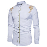 Mens Casual Shirts Slim Fit Long Sleeve Button Down Dress Shirts Tops with Embroidery