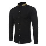 Mens Dress Shirts Gold Embroidery Mandarin Collar Slim Fit Long Sleeve Casual Dress Shirts