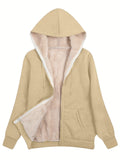 Fuzzy Hooded Jacket, Casual Zip Up Drawstring Long Sleeve Solid Outerwear, Women's Clothing