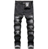 Mens Jeans Zipper Ripped Straight Slim Moto Biker Jeans