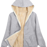 Fuzzy Hooded Jacket, Casual Zip Up Drawstring Long Sleeve Solid Outerwear, Women's Clothing