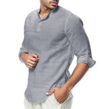 Mens Linen Cotton Henley Shirt Casual Long Sleeve Tops