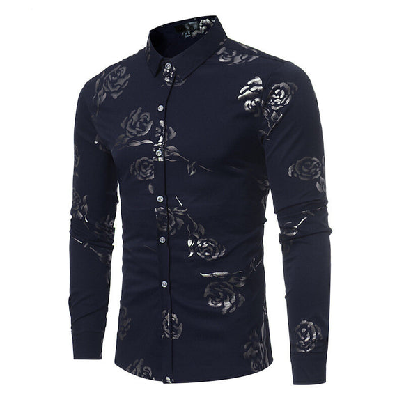 Mens Casual Shirts Gold Rose Printed Slim Fit Long Sleeve Dress Shirts/Prom Performing Shirts