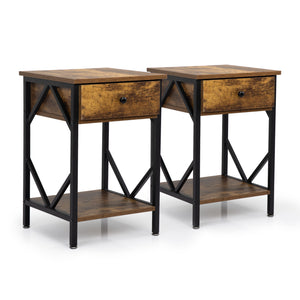 Set of 2 Nightstand Industrial End Table with Drawer;  Storage Shelf and Metal Frame for Living Room;  Bedroom;  XH