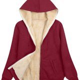 Fuzzy Hooded Jacket, Casual Zip Up Drawstring Long Sleeve Solid Outerwear, Women's Clothing