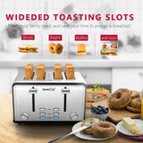 Toaster 4 Slice, Stainless Steel Extra-Wide Slot Toaster with Dual Control Panels of Bagel/Defrost/Cancel Function, 6 Toasting Bread Shade Settings, Removable Crumb Trays, Auto Pop-Up