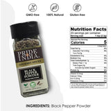 Pride of India – Black Pepper Ground – Ideal for Gourmet Dishes/ Soups/ Stews/ Rubs – Fresh & Preservatives Free – Warming Spice – Easy to Use – 1.65 oz. Small Dual Sifter Jar