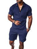 Mens Short Sleeve Casual Polo Shirt and Shorts Sets Two Piece Summer Outfits Zip Polo Tracksuit Set for Men S-XXL