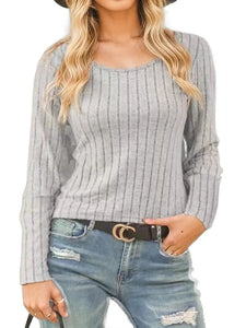 Ribbed Round Neck Long Sleeve Knit Top